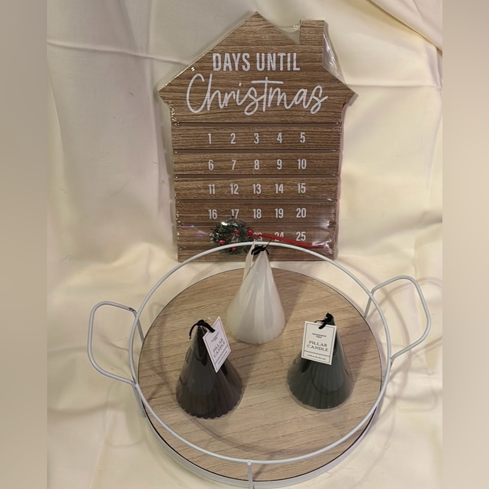 Christmas Bundle Decor Set Rustic Tray, Candles & Christmas Countdown Plaque New